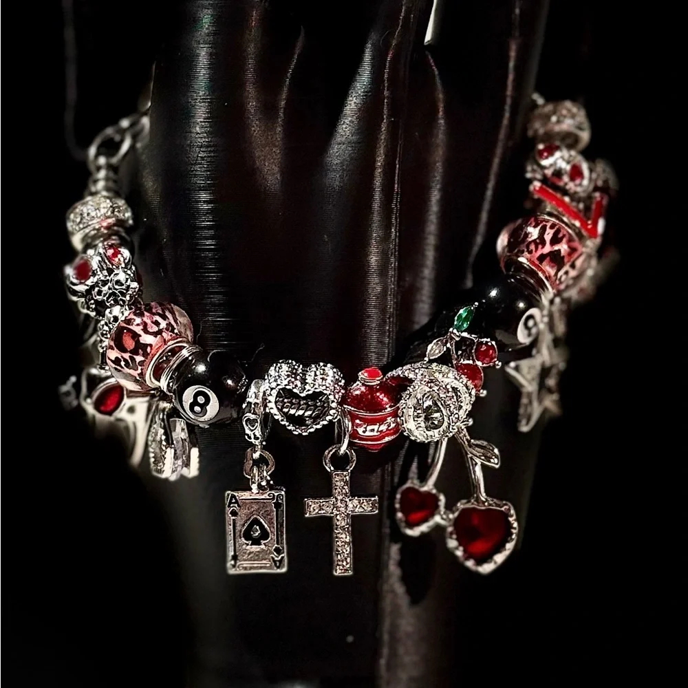 Elegant Silver and Red Charm Bracelet